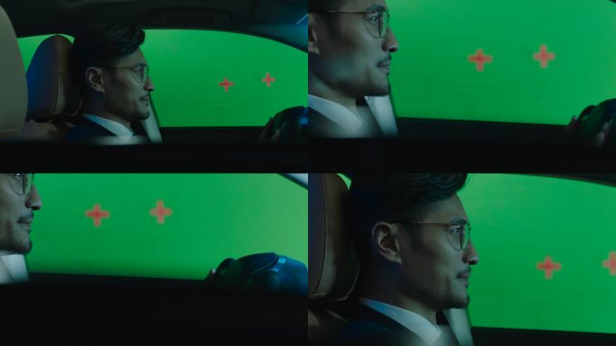 4K 高端商务男子虚拟世界开车 绿幕背景
