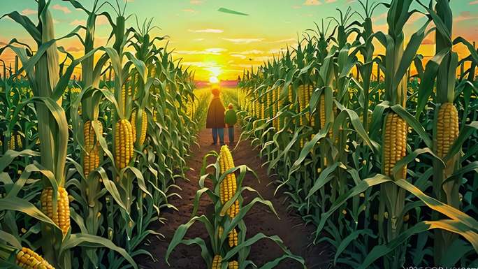 AI演绎日出唯美风景 玉米地
