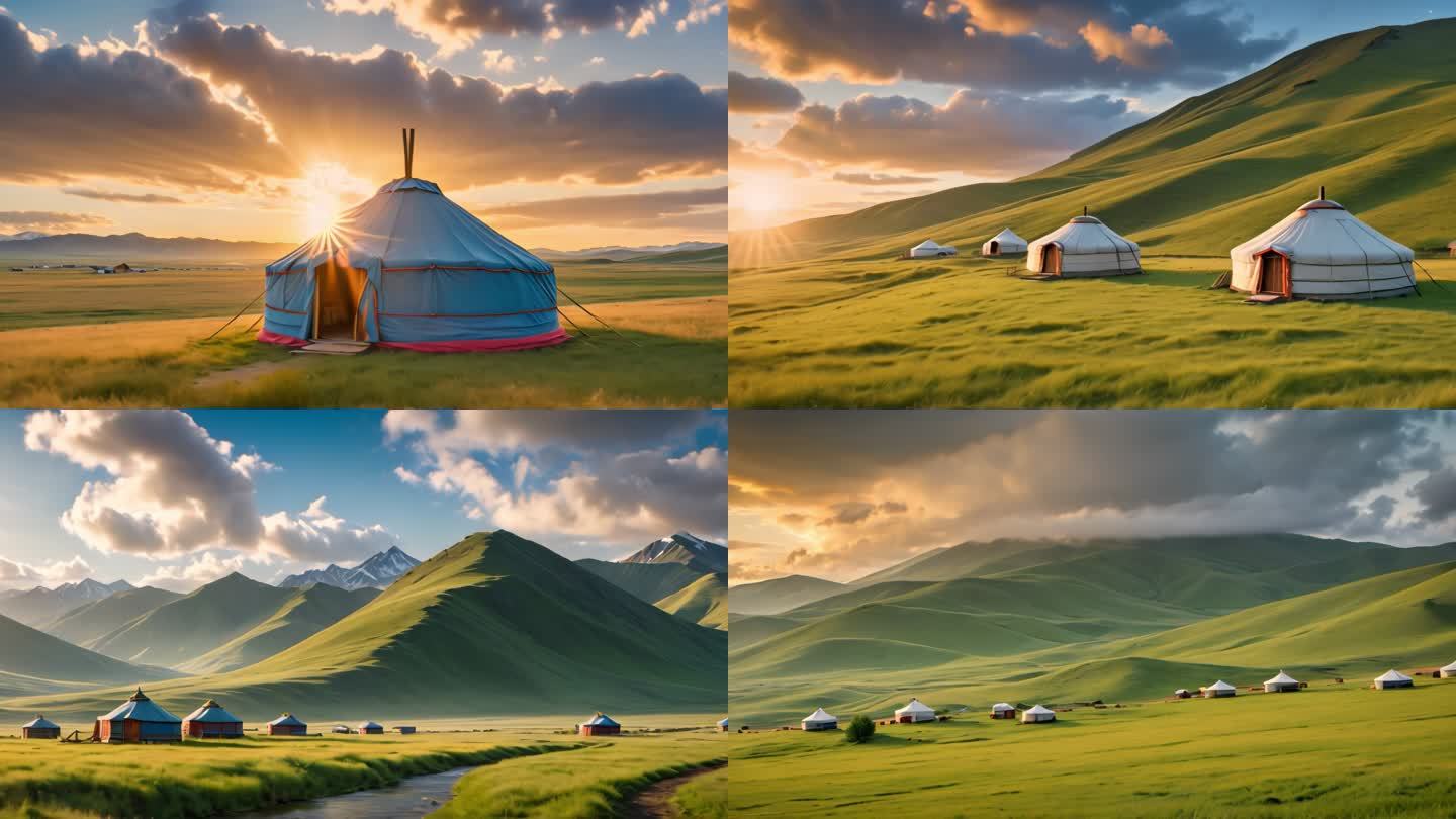 蒙古草原蒙古包帐篷游牧日出日落延时