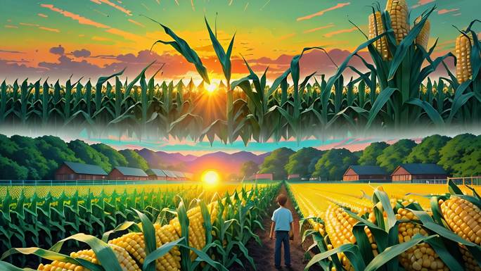 AI演绎日出唯美风景 玉米地
