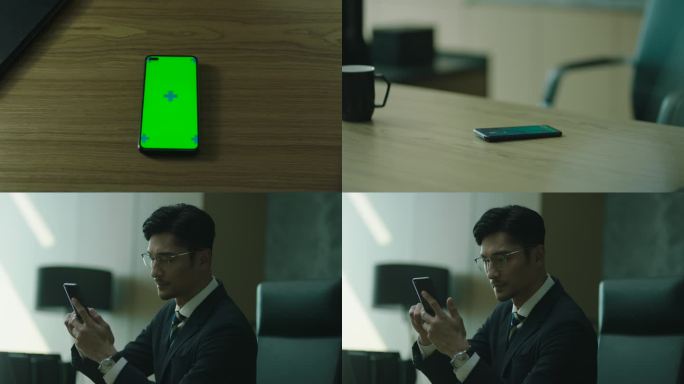 4K 商务男子总裁办公室操作绿屏手机