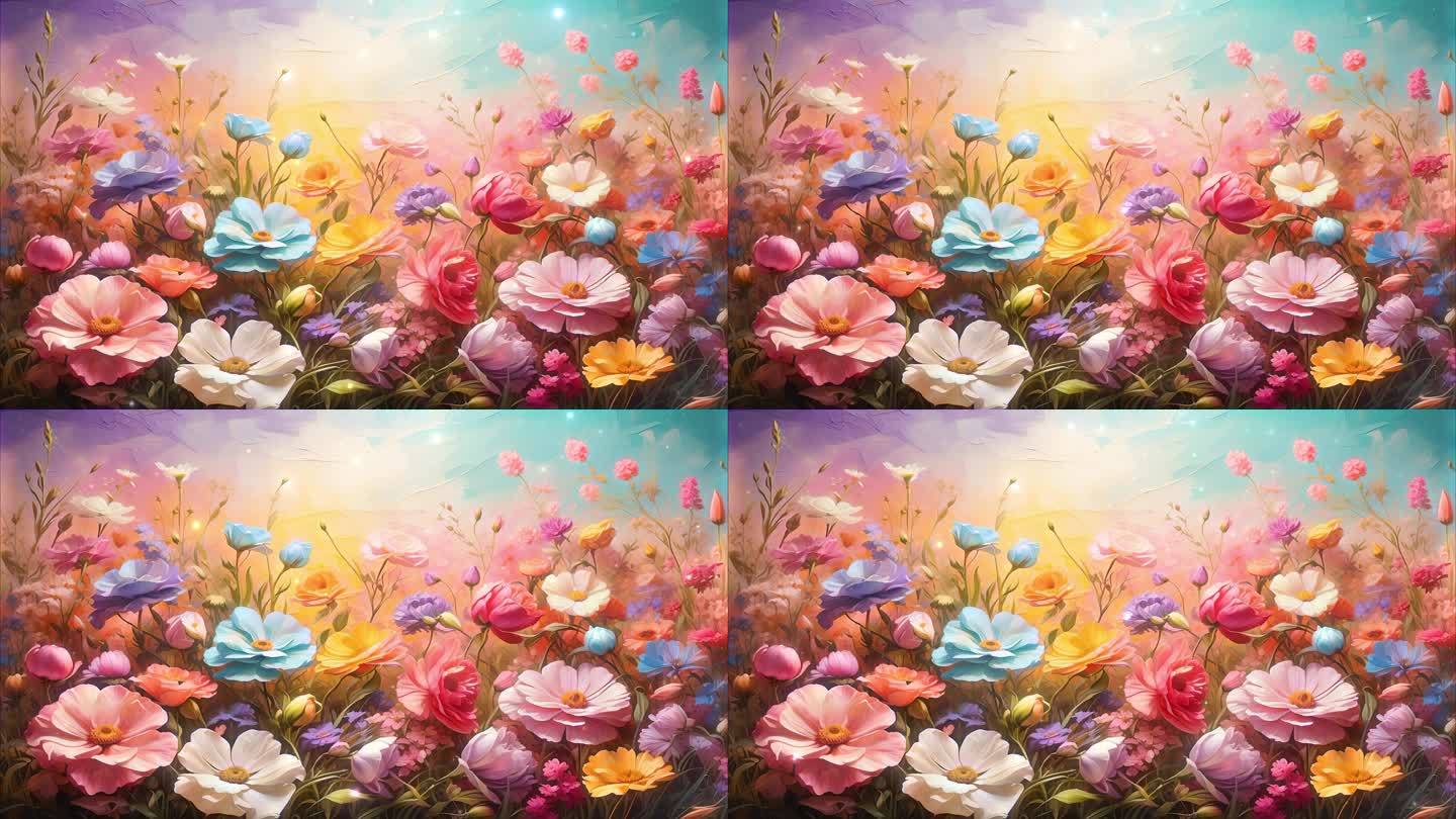 4K唯美梦幻油画手绘花海花丛花朵鲜花背景