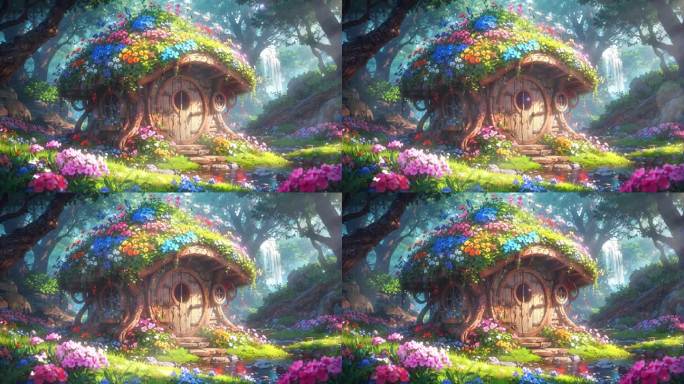 4K卡通油画手绘童话花园花海自然木屋背景