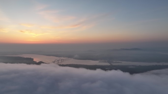 航拍襄阳汉江桥梁云海云雾城市风光自然风景