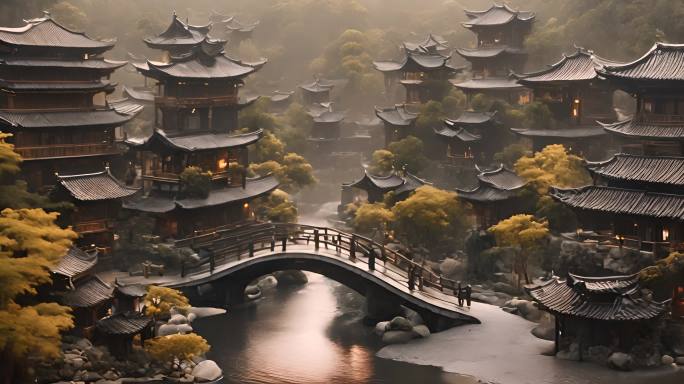 中式汉唐建筑雕塑小桥流水人家