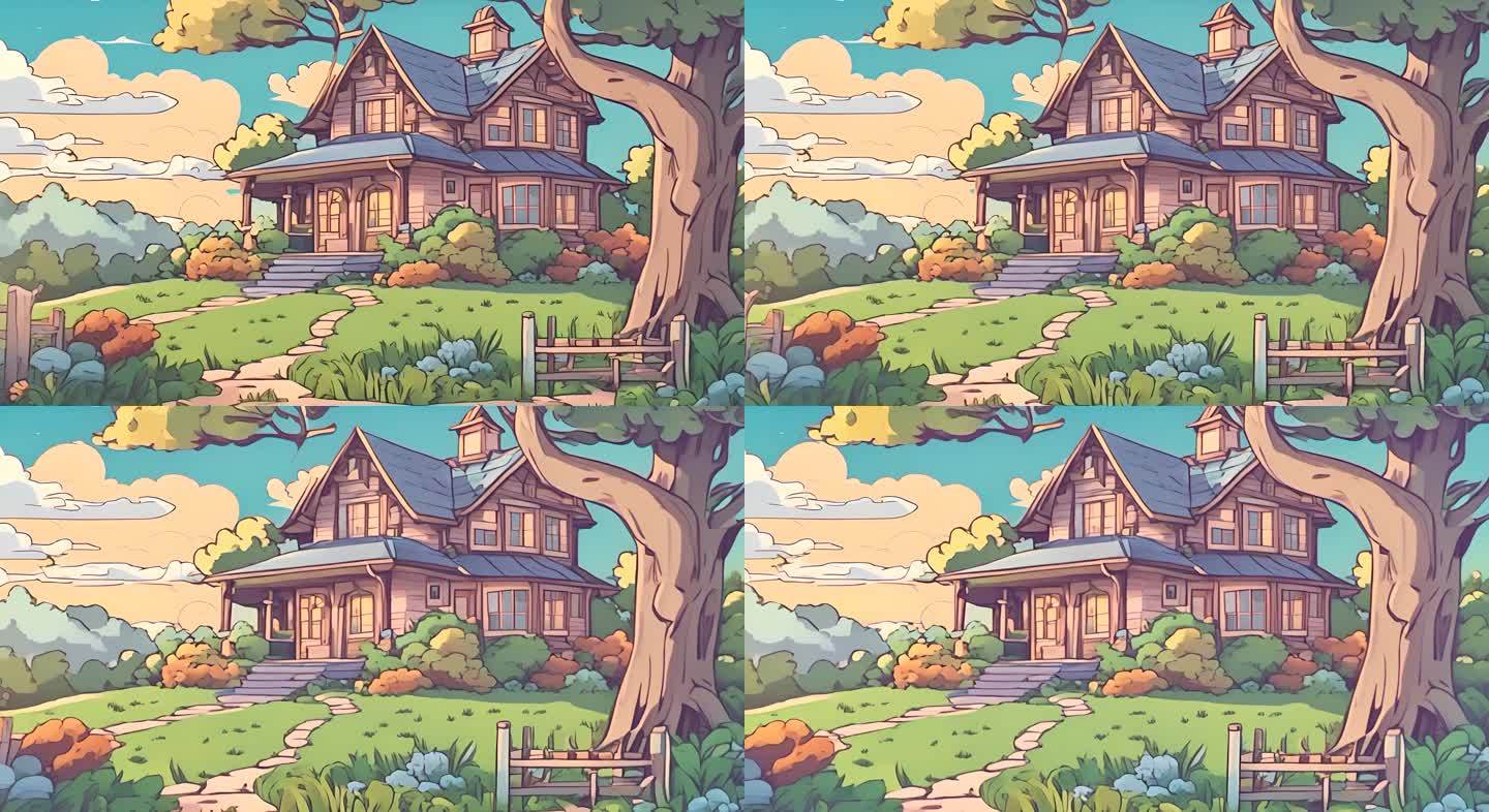 卡通动画农田中的房屋