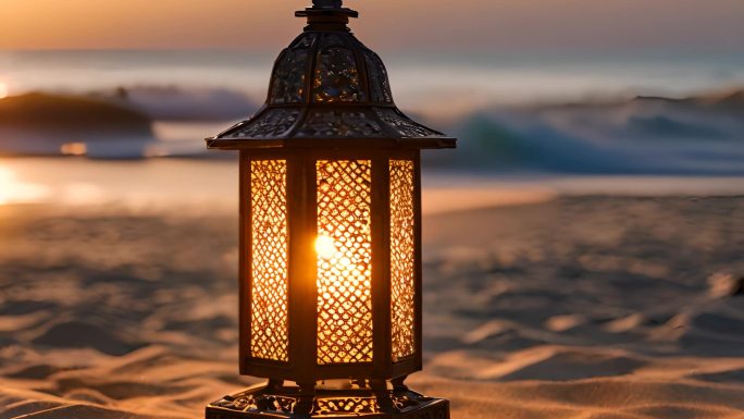 夕阳下金色沙滩上的孔明灯