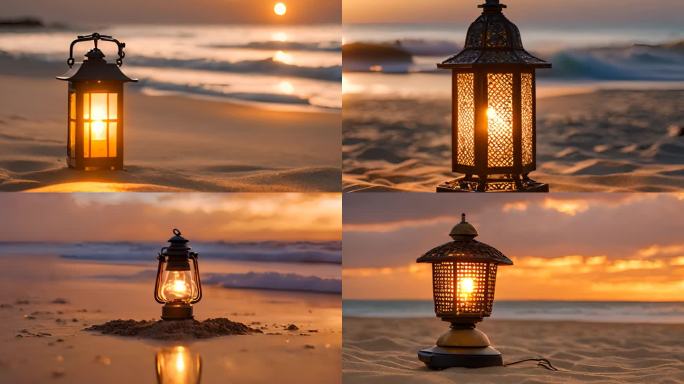 夕阳下金色沙滩上的孔明灯