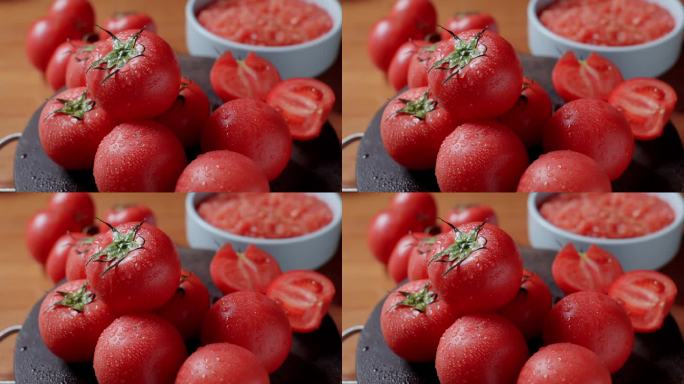 新鲜的西红柿水滴滑落，西红柿番茄酱