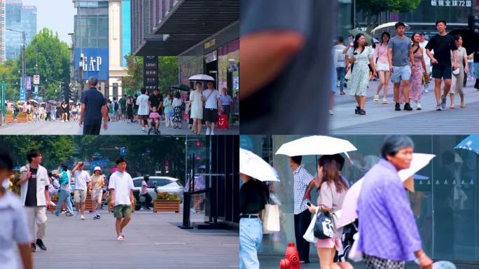 城市夏天暑假酷暑高温炎热街道人群人流街景