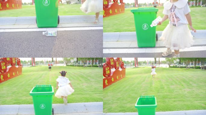 小孩环保 小孩捡垃圾  扔进垃圾桶