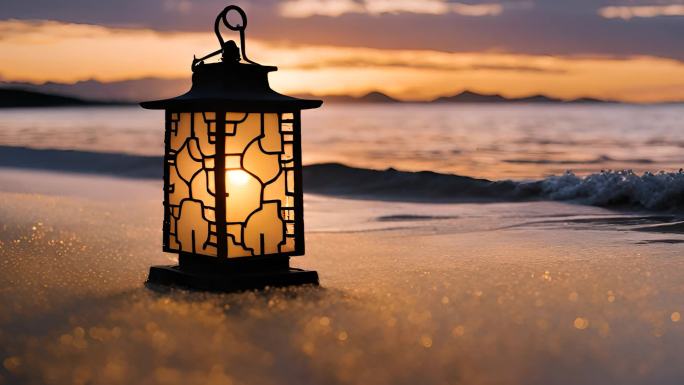 夕阳下海滩上的孔明灯