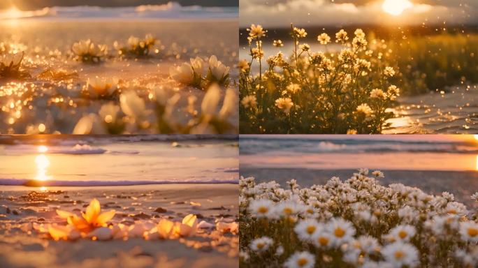 夕阳下金色海滩上的美丽植物