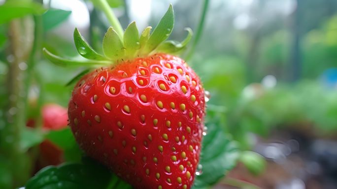 一颗熟透了的红草莓的特写镜头