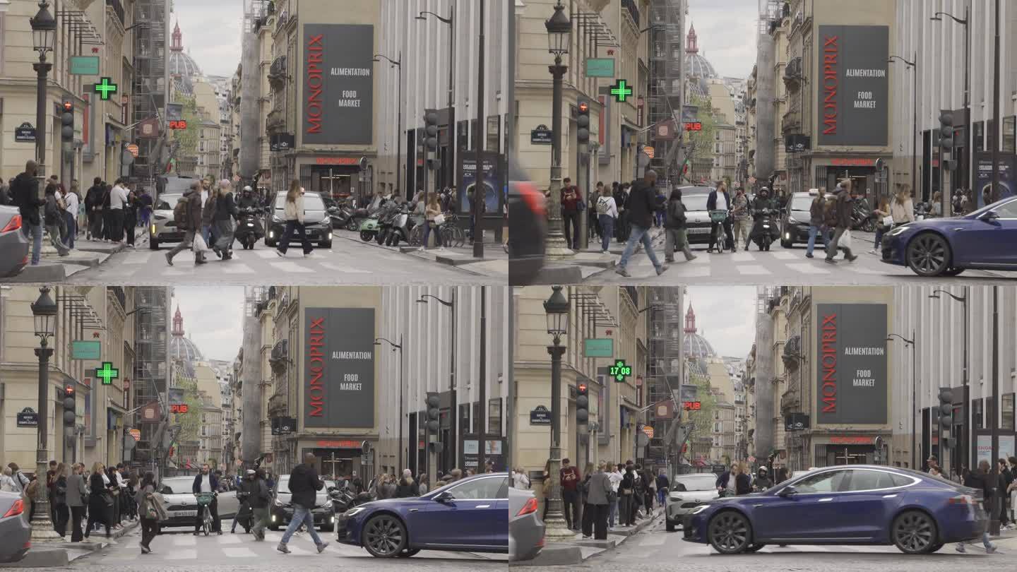 法国巴黎大街外景上班下班匆忙车流红灯人流