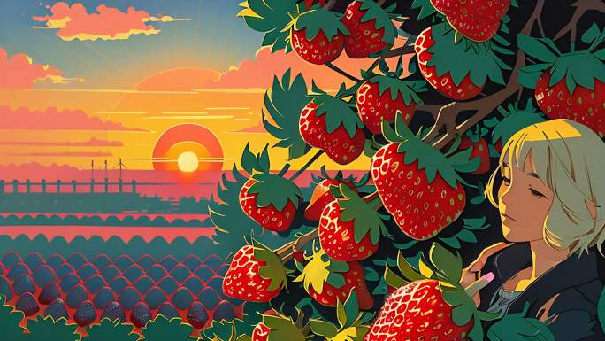 AI演绎夕阳下的草莓园