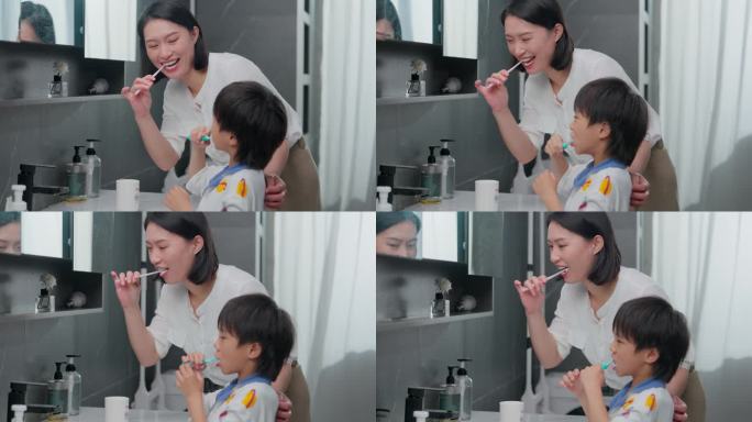 妈妈带孩子刷牙