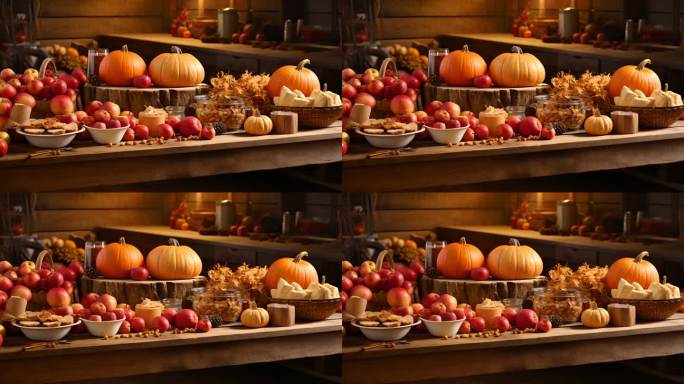 一张静物摄影图片桌子上摆满了南瓜和苹果