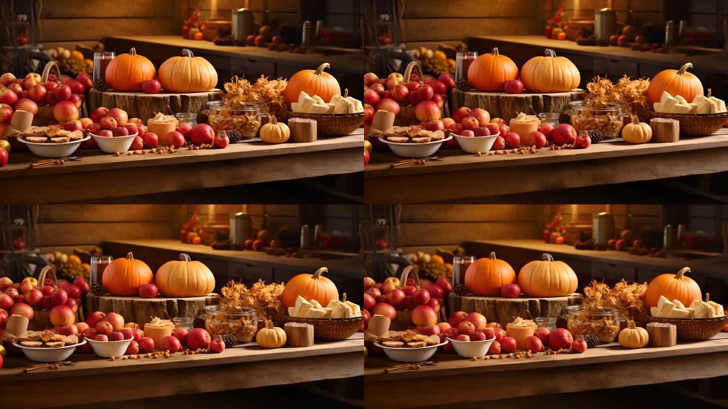一张静物摄影图片桌子上摆满了南瓜和苹果