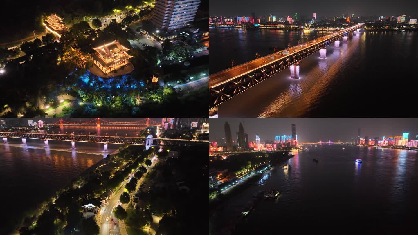 南岸嘴江滩公园武汉长江大桥航拍汉阳区夜晚