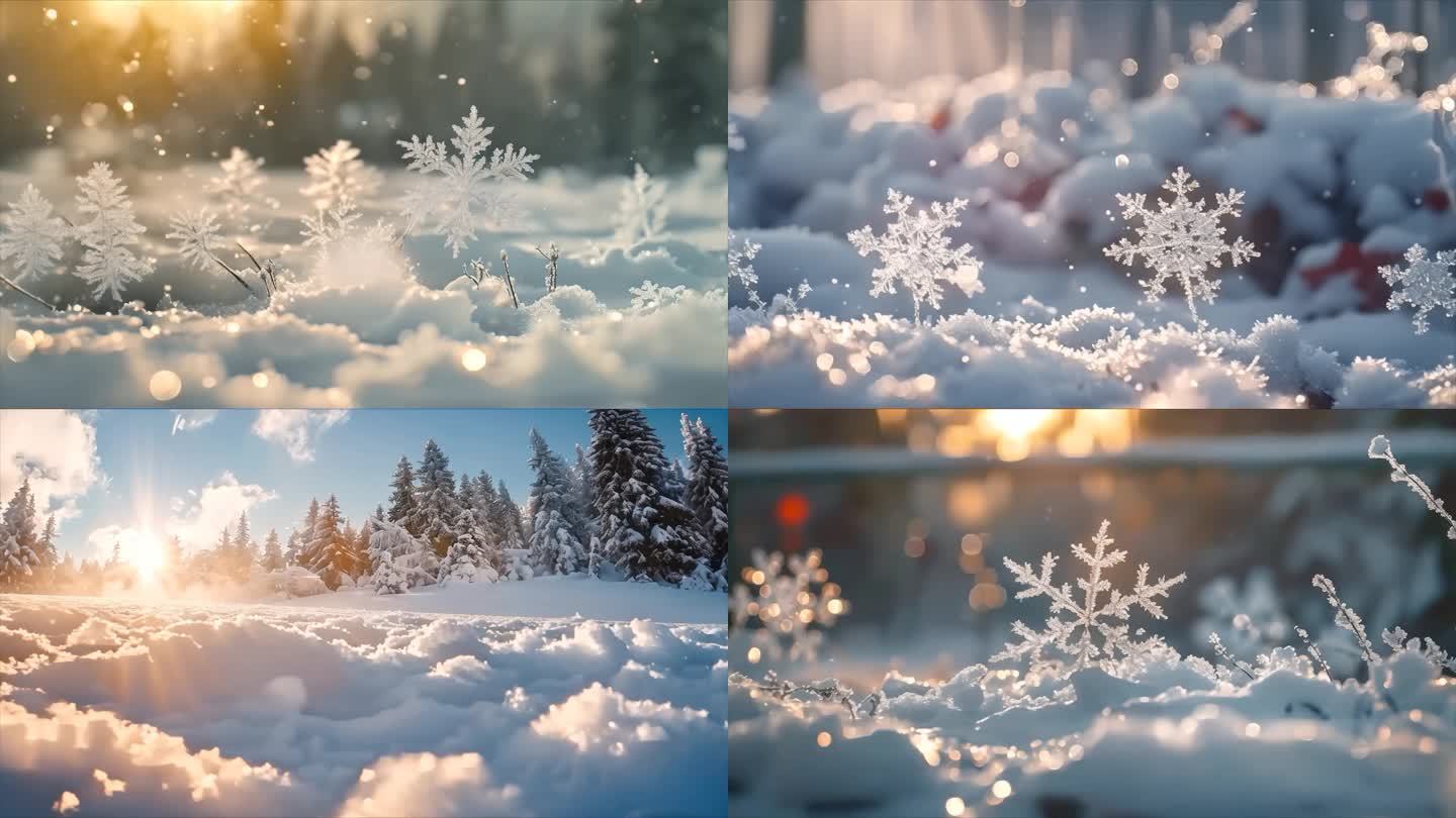 冬天雪花雪景下雪天冰晶雪花特写空镜头唯美