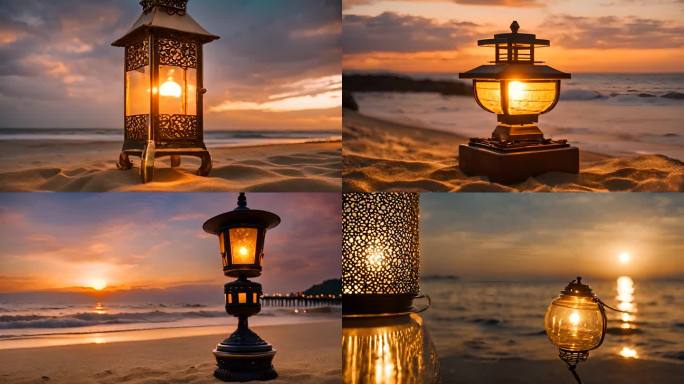夕阳下海滩上的孔明灯