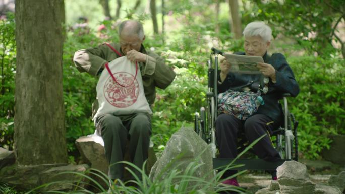 孤寡老人老年夫妻轮椅残疾人老太太公园树林