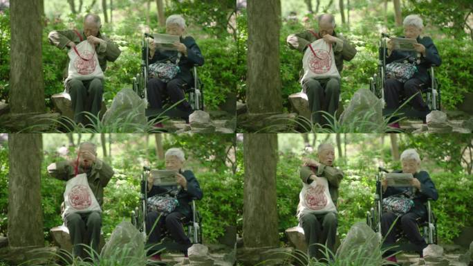 孤寡老人老年夫妻轮椅残疾人老太太公园树林