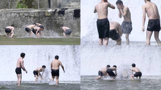 玩水 男生 夏日 河边 童年 嬉戏打水仗