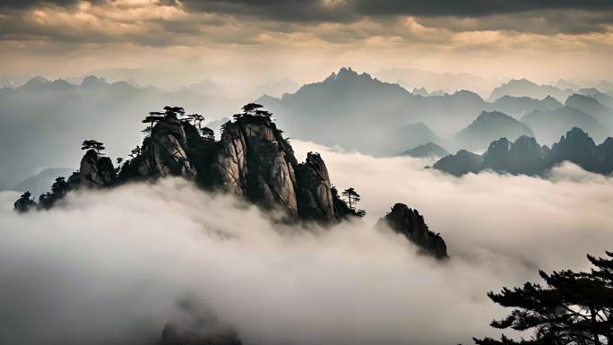 黄山大山震撼云海-意境风景-泰山日出云海