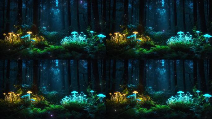 4K唯美梦幻森林树林蘑菇发光粒子仙境背景