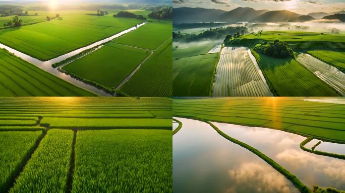 稻田航拍，水稻田，农业发展