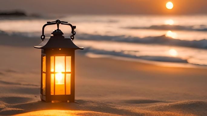 夕阳下金色海滩上的孔明灯