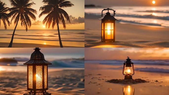 夕阳下金色海滩上的孔明灯