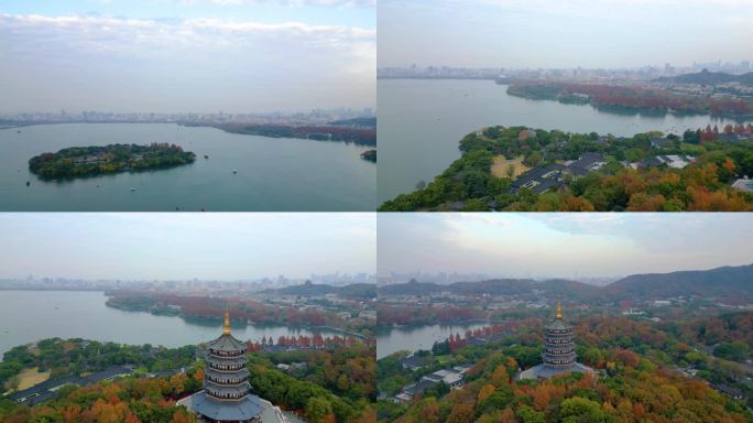 杭州西湖景区三潭印月雷峰塔航拍