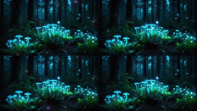 4K唯美梦幻森林树林蘑菇发光仙境粒子背景