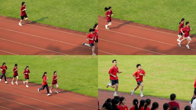 中学生在跑道上赛跑，跑步冲刺