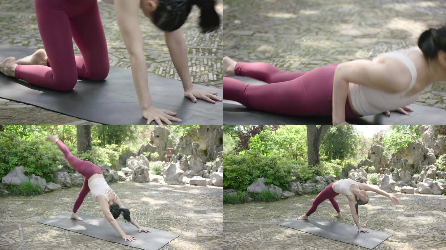 瑜伽锻炼普拉提运动健身减肥热身公园树林
