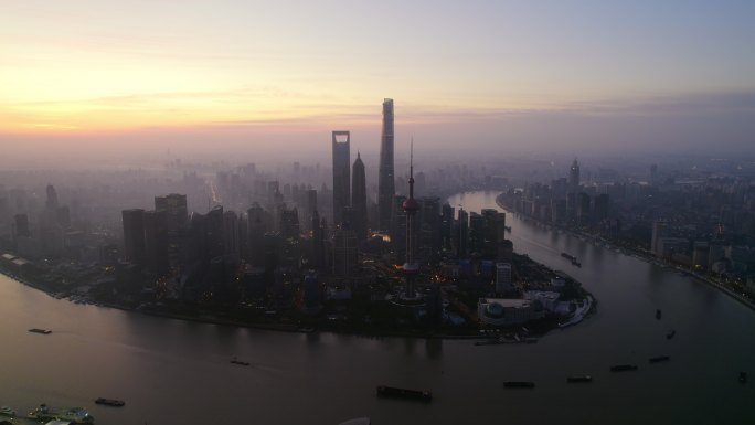 上海北外滩东方明珠地标日出航拍长镜头