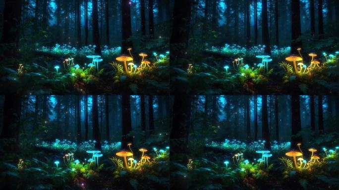 4K唯美梦幻森林树林蘑菇粒子发光仙境背景