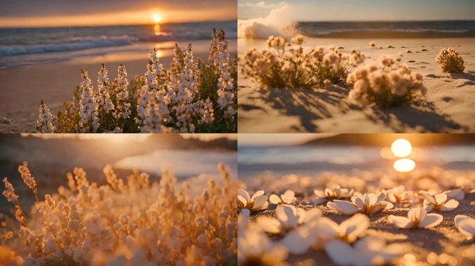 夕阳下沙滩植物空镜一组