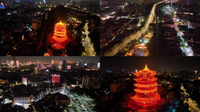 武汉黄鹤楼夜晚夜景航拍湖北武昌区地标建筑