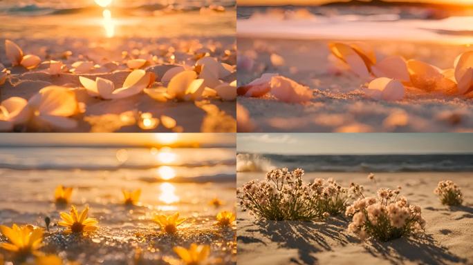 夕阳下金色沙滩植物空镜一组