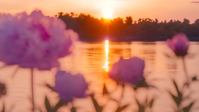 金色湖面上的牡丹花
