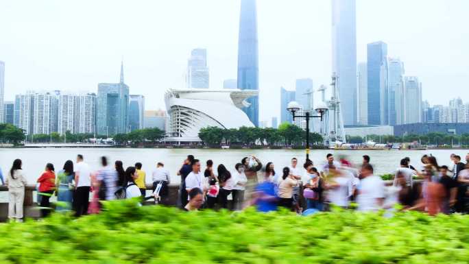 广州珠江新城沿江游客拍照区大范围移动延时