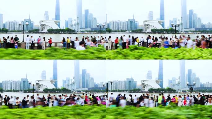 广州珠江新城沿江游客拍照区大范围移动延时
