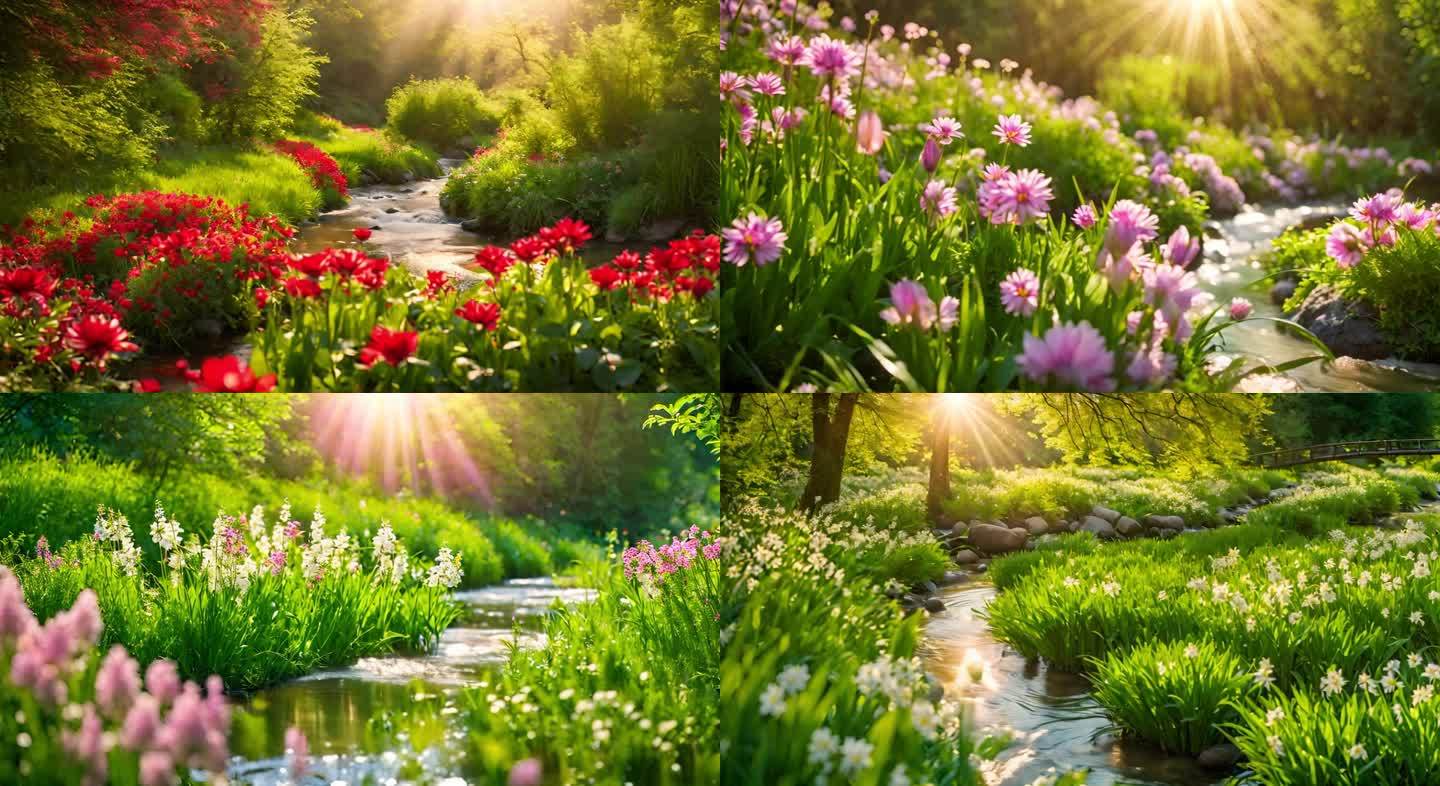 自然风景潺潺流水溪水盛开鲜花花朵