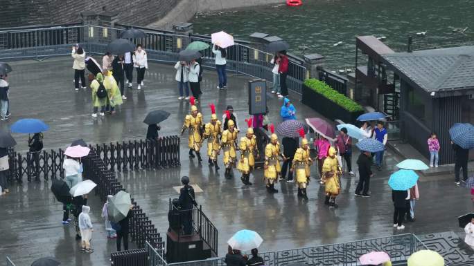 航拍西安城墙地标永宁门吊桥广场喷泉表演