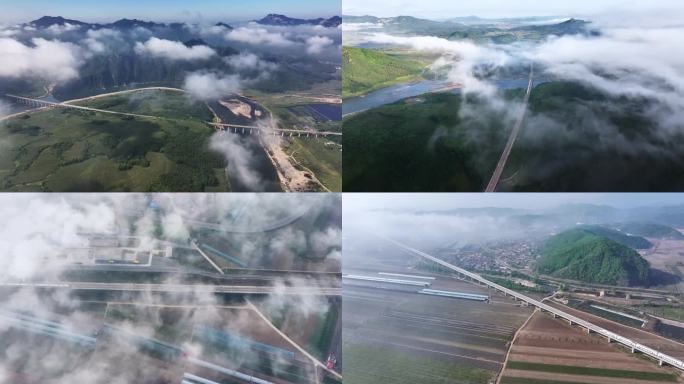 美丽中国疾驰高铁云雾河流高铁桥初春田野