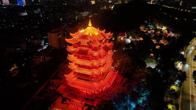 武汉黄鹤楼夜晚夜景航拍湖北武昌区地标建筑